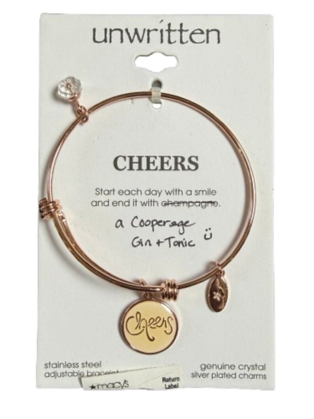 Unwritten Rose Gold Stainless Steel Bracelet Bangle Cheers Crystal Charm New
